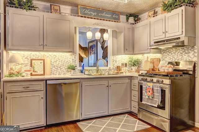 kitchen featuring appliances with stainless steel finishes, dark hardwood / wood-style flooring, sink, and decorative backsplash