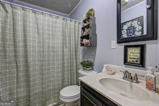 bathroom with toilet, crown molding, vanity, a textured ceiling, and a shower with curtain