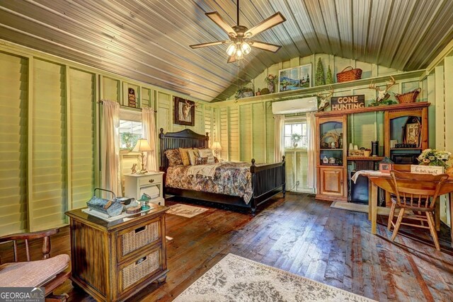 bedroom featuring wooden ceiling, hardwood / wood-style flooring, lofted ceiling, ceiling fan, and wooden walls