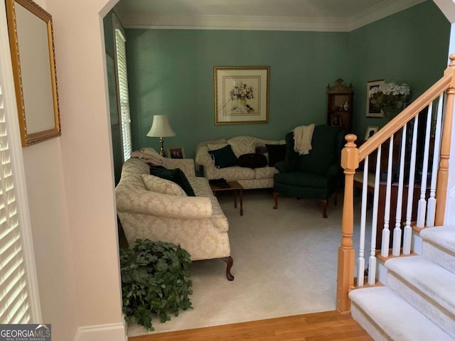 living room with ornamental molding and wood-type flooring