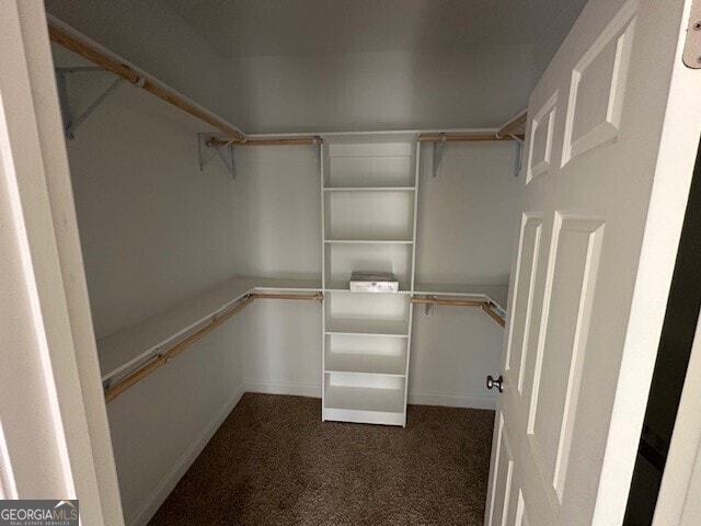 walk in closet featuring dark carpet