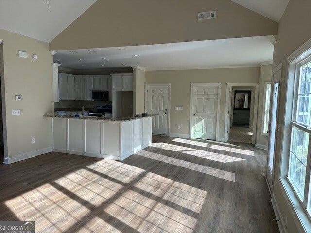 kitchen with hardwood / wood-style flooring, white cabinetry, stone countertops, and kitchen peninsula