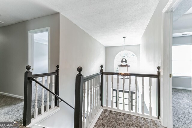 staircase featuring plenty of natural light, carpet, and a textured ceiling