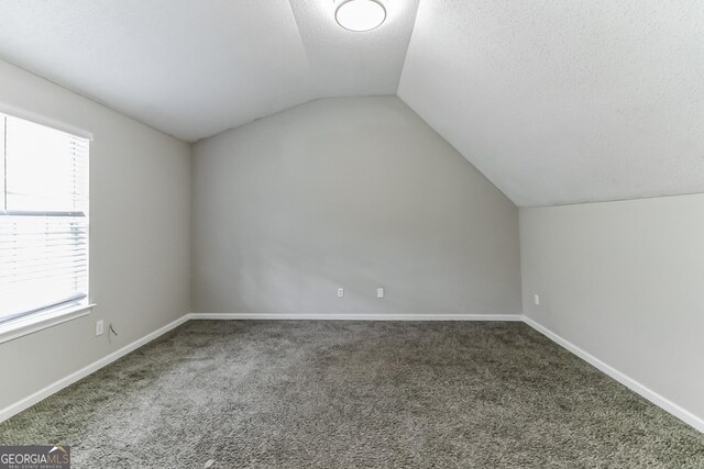 bonus room with a textured ceiling, a healthy amount of sunlight, vaulted ceiling, and carpet flooring