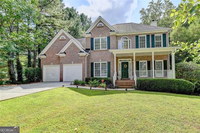 view of front of house with a garage, a front lawn, and a porch