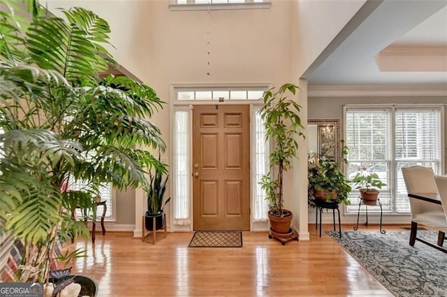 entryway featuring light wood-type flooring and ornamental molding