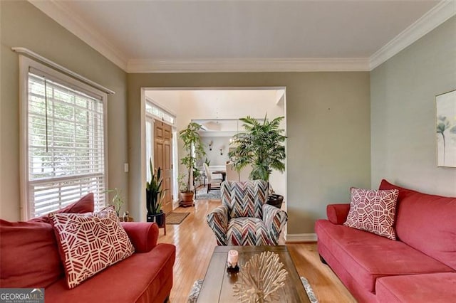 living room featuring crown molding, a wealth of natural light, and hardwood / wood-style floors