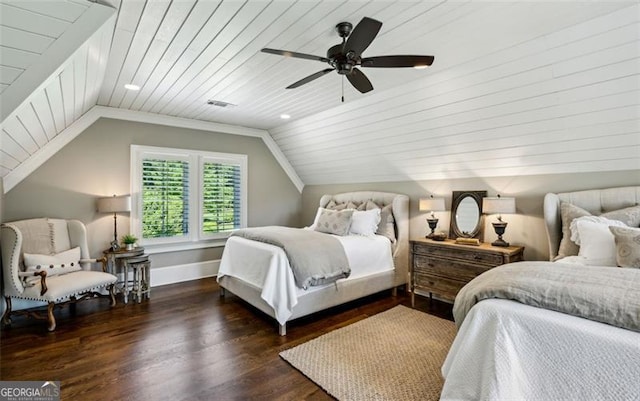 bedroom featuring crown molding, ceiling fan, dark hardwood / wood-style floors, wooden ceiling, and lofted ceiling