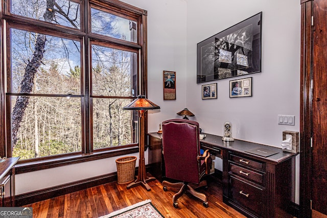 home office with wood-type flooring