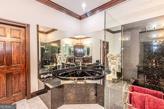 bathroom featuring separate shower and tub and ornamental molding