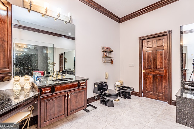 bathroom with toilet, walk in shower, crown molding, vanity, and a bidet