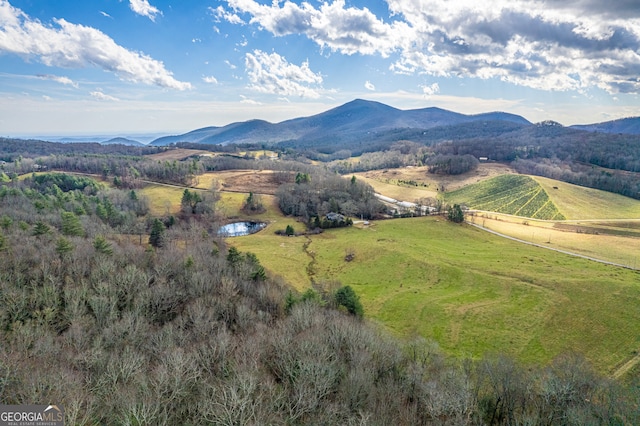 aerial view featuring a mountain view and a rural view