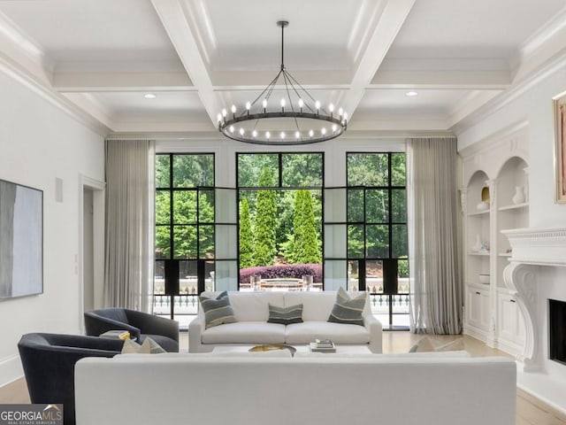 living room featuring light wood-type flooring, french doors, coffered ceiling, and a notable chandelier