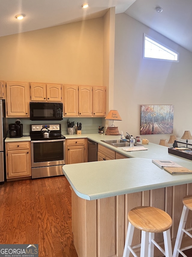 kitchen featuring lofted ceiling, appliances with stainless steel finishes, and kitchen peninsula