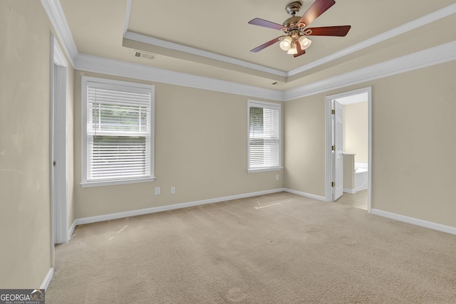 spare room with crown molding, a raised ceiling, and light carpet