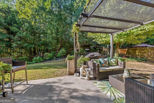 view of patio / terrace featuring an outdoor living space and a pergola