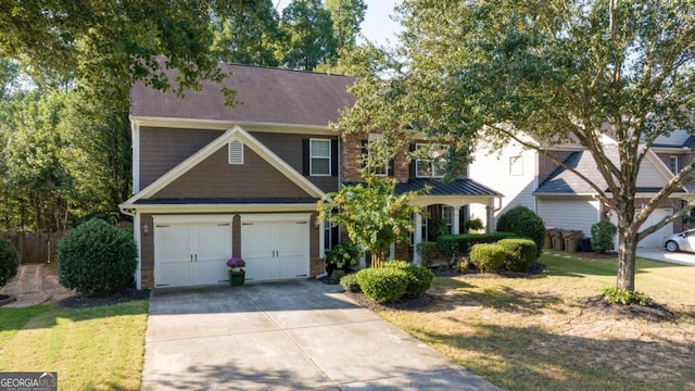 view of front of home with a garage and a front lawn