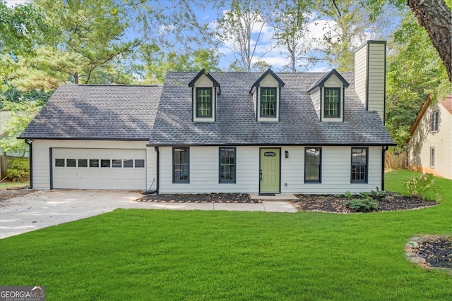 cape cod house featuring a front lawn and a garage