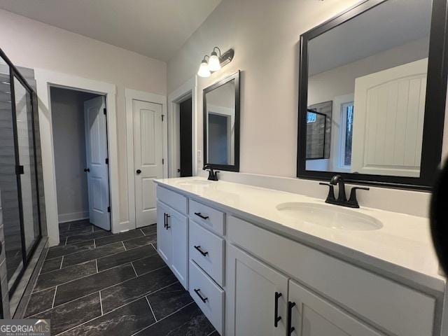 bathroom with vanity and a shower with shower door