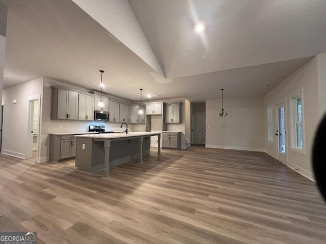 kitchen with gray cabinets, hardwood / wood-style flooring, an island with sink, and appliances with stainless steel finishes