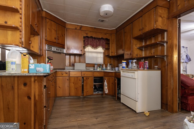 kitchen featuring white dishwasher, stainless steel oven, sink, and dark wood-type flooring