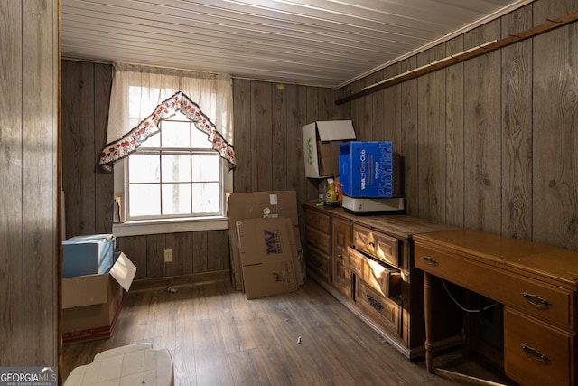 misc room featuring dark wood-type flooring and wooden walls