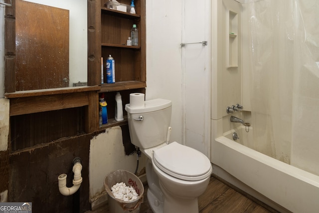 bathroom with hardwood / wood-style flooring, shower / bathtub combination with curtain, and toilet