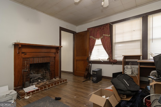 home office featuring a fireplace and wood-type flooring