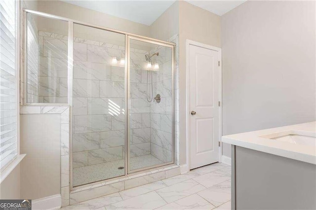 bathroom featuring vanity and walk in shower