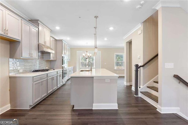 kitchen featuring decorative light fixtures, dark hardwood / wood-style flooring, a notable chandelier, sink, and an island with sink