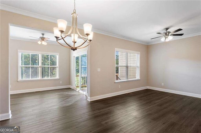 empty room with ceiling fan with notable chandelier, dark hardwood / wood-style flooring, and crown molding