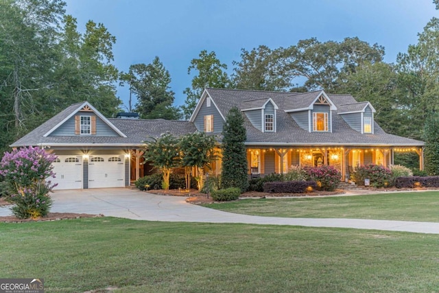 view of front of property with covered porch, a front yard, and a garage