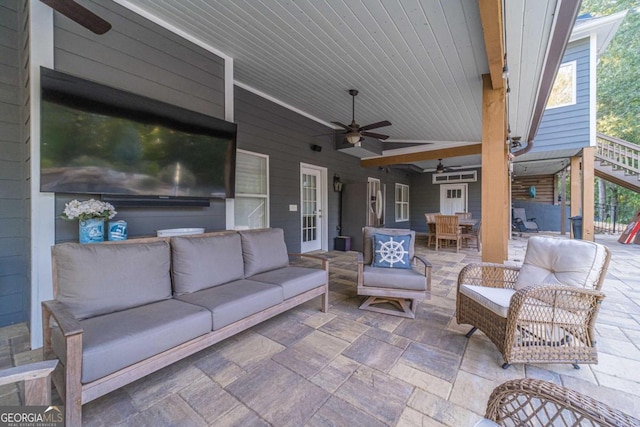 view of patio featuring french doors, an outdoor hangout area, and ceiling fan