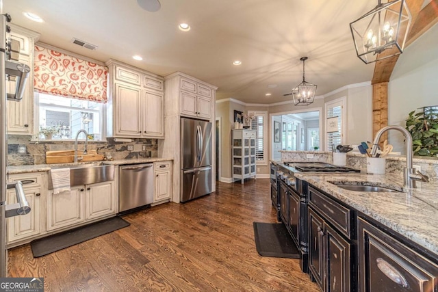 kitchen with dark hardwood / wood-style floors, a notable chandelier, appliances with stainless steel finishes, hanging light fixtures, and sink