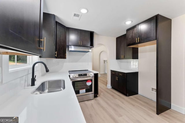 kitchen with dark brown cabinets, backsplash, light hardwood / wood-style floors, sink, and stainless steel range with electric cooktop