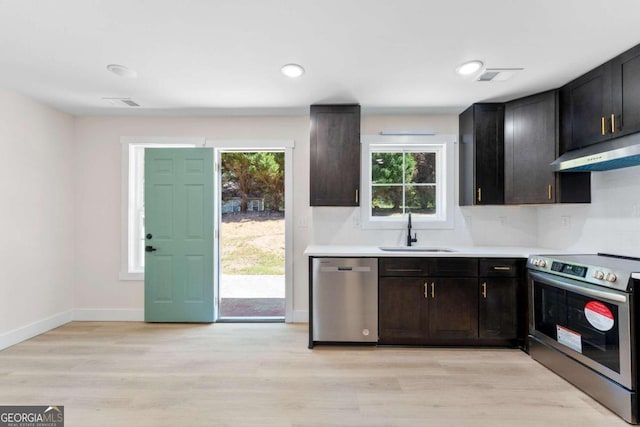 kitchen featuring light hardwood / wood-style flooring, backsplash, sink, appliances with stainless steel finishes, and dark brown cabinetry