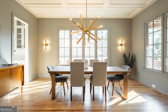 dining space featuring light wood-type flooring, a chandelier, and coffered ceiling