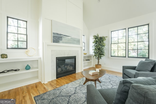living room with wood-type flooring, plenty of natural light, and high vaulted ceiling