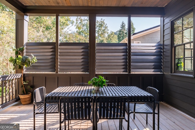 sunroom with wooden ceiling and a healthy amount of sunlight