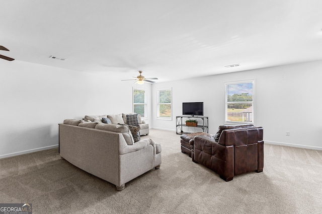 321 Brown Station Dr, Williamson, GA 30292 - living room with visible vents, light colored carpet, and a ceiling fan