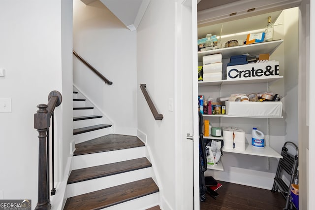 stairway featuring hardwood / wood-style flooring