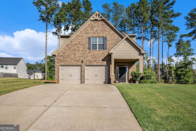 craftsman inspired home with a front yard and a garage