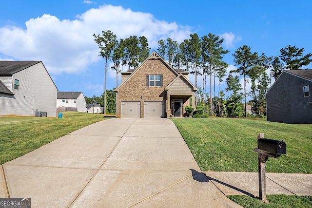 view of front of house with a garage, central air condition unit, and a front lawn