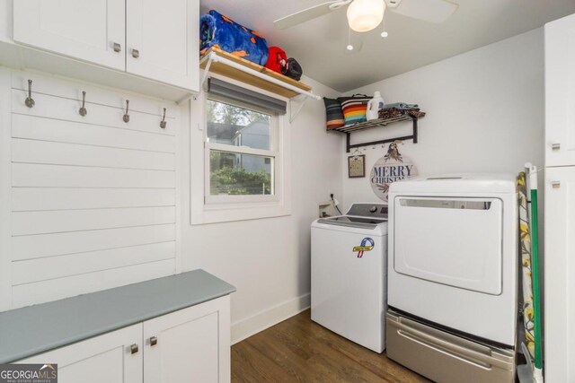 washroom featuring washer and dryer, cabinets, ceiling fan, and dark hardwood / wood-style flooring