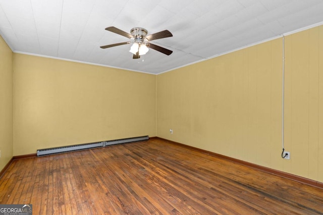 unfurnished room featuring a baseboard heating unit, ceiling fan, ornamental molding, and wood-type flooring