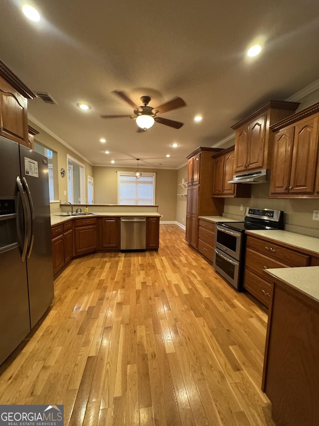 kitchen with sink, crown molding, ceiling fan, light hardwood / wood-style floors, and stainless steel appliances