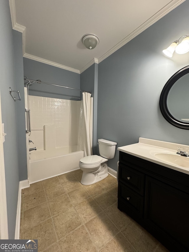 full bathroom featuring shower / bath combination with curtain, vanity, toilet, and crown molding