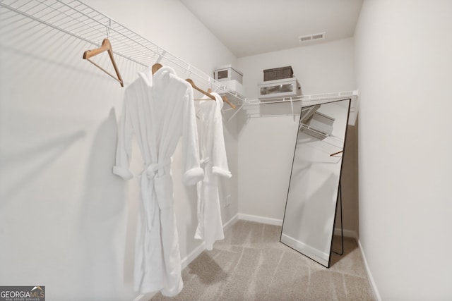 spacious closet featuring light colored carpet