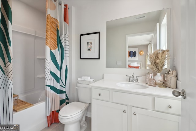 full bathroom with vanity, toilet, tile patterned floors, and shower / tub combo with curtain