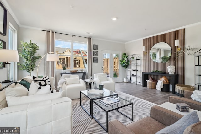 living room with ornamental molding and hardwood / wood-style flooring